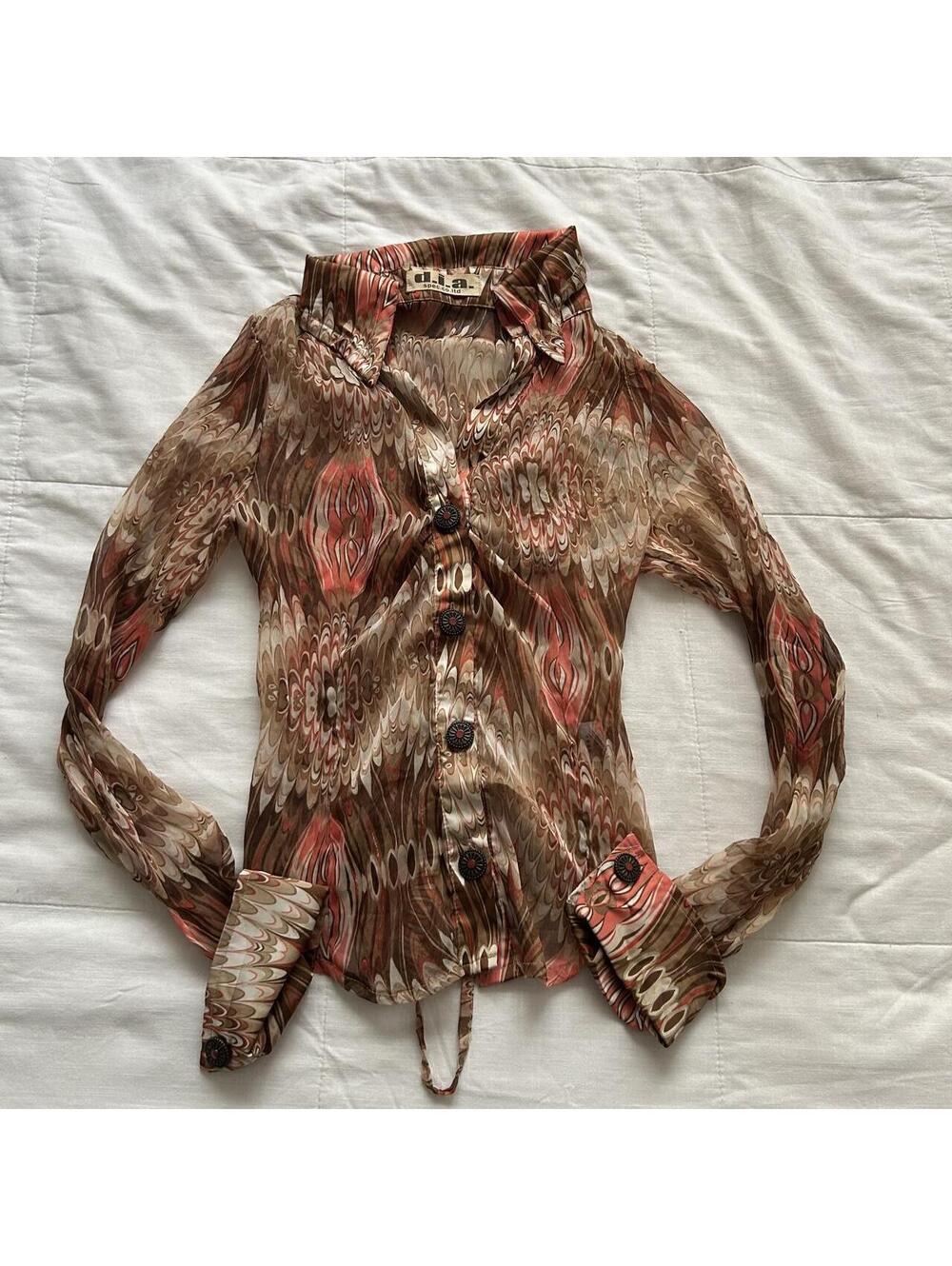 d.i.a. Brown Coral Blouse Psychedelic Print Flared Cuffs Gyaru Japan